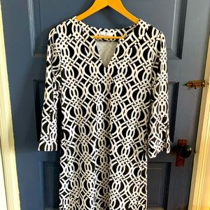 Jude Connally medium A line dress with split neck. Black and white.